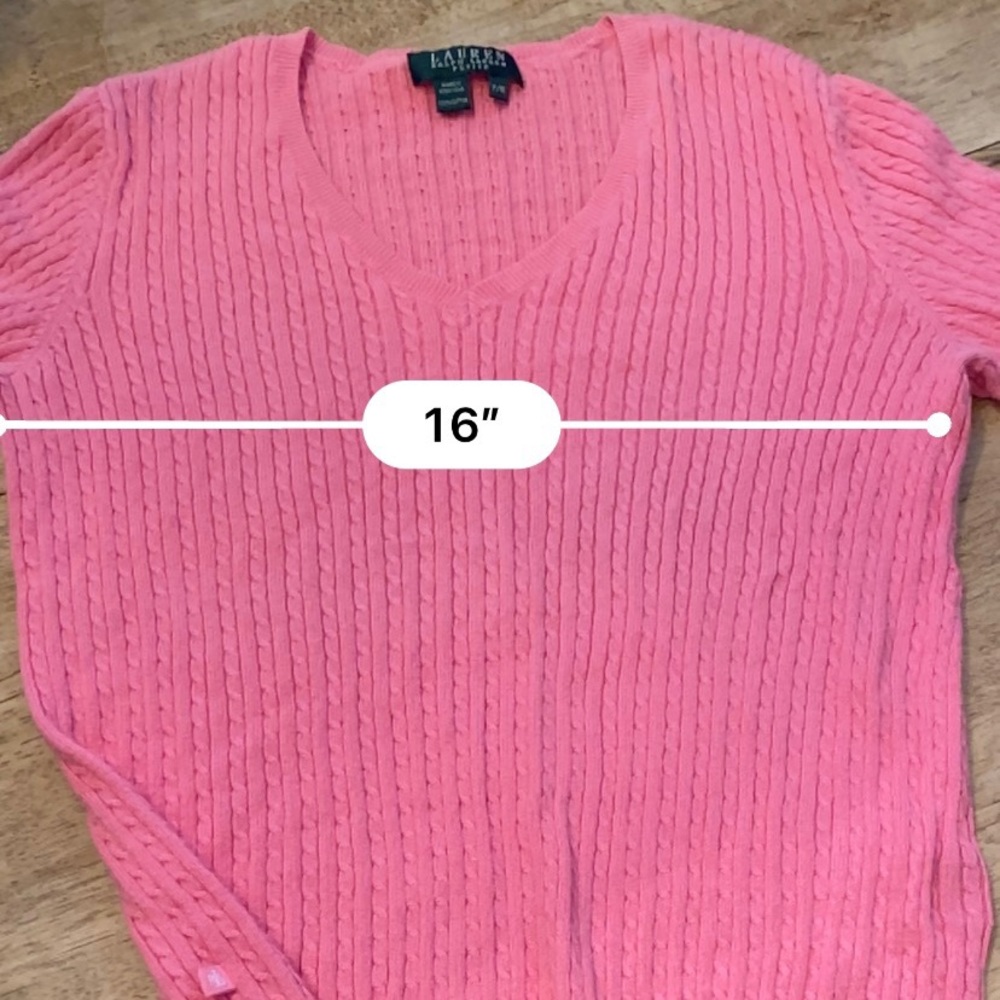 Lauren Ralph Lauren Petite‎ Women’s Size P/M Pink 100% Cotton Cable Knit V Neck - Picture 12 of 14